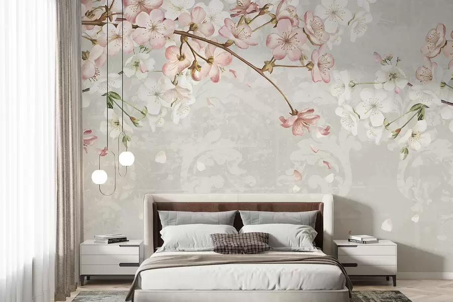murais de parede Flores de cerejeira cor-de-rosa e brancas em plena floração, com pétalas suaves a cair sobre um fundo bege texturado w08254v1
