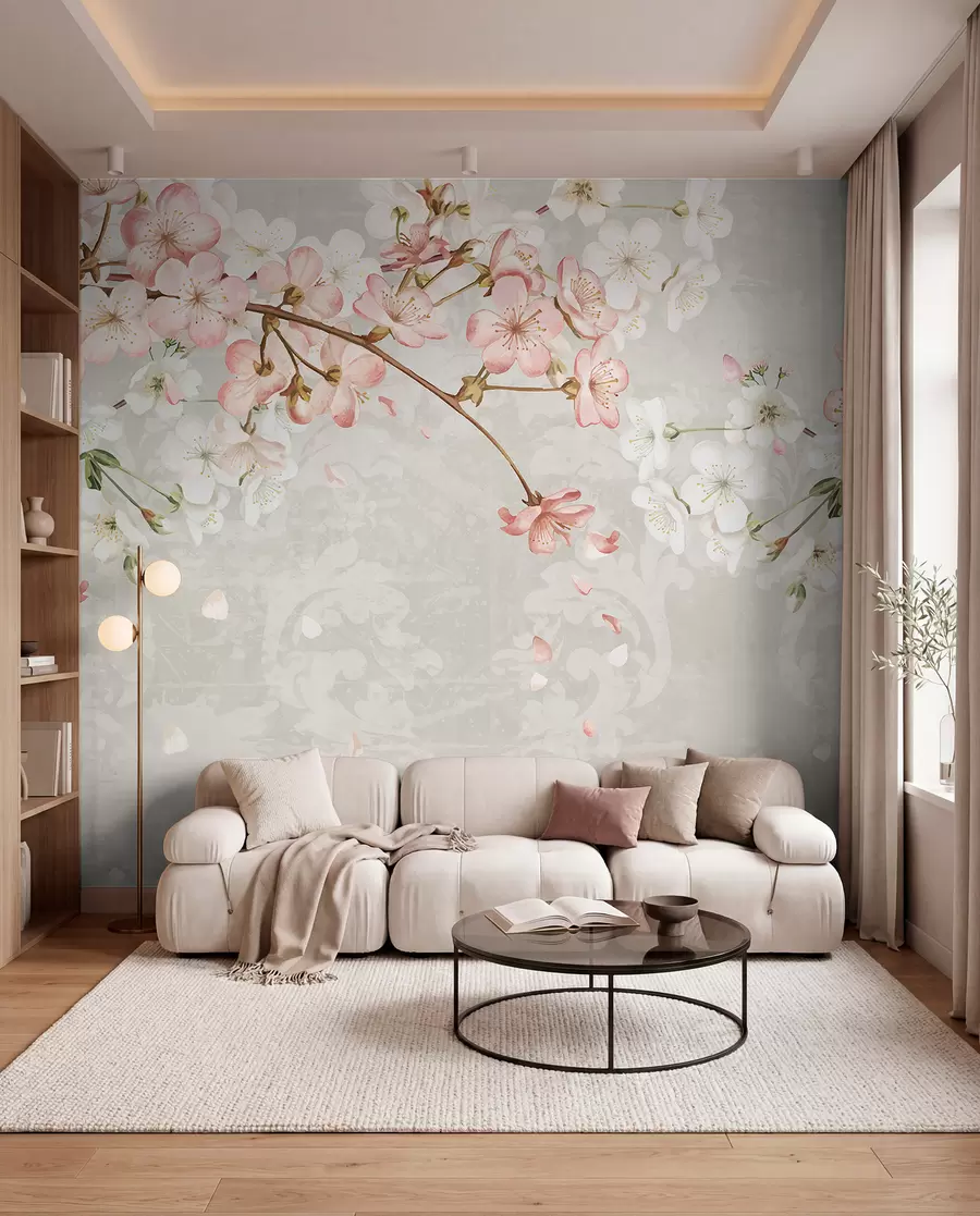 murais de parede Flores de cerejeira cor-de-rosa e brancas em plena floração, com pétalas suaves a cair sobre um fundo bege texturado w08254v1