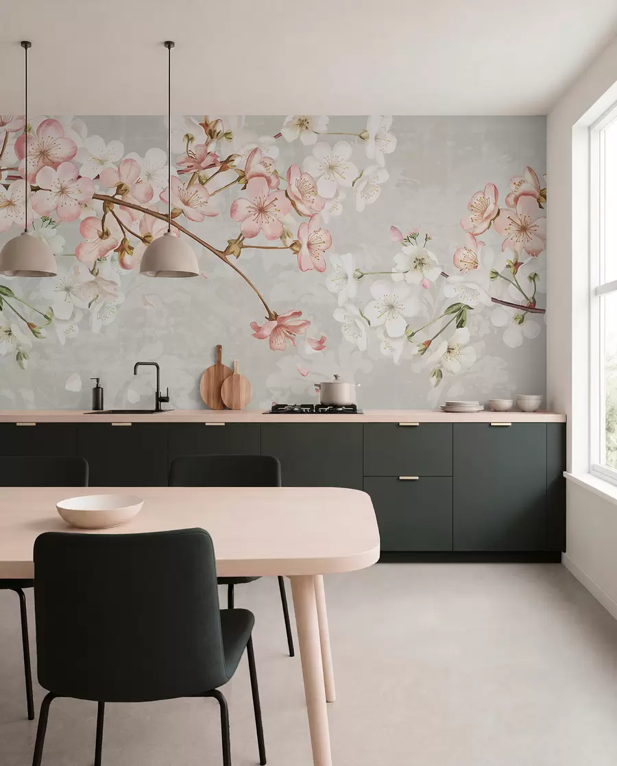 murais de parede Flores de cerejeira cor-de-rosa e brancas em plena floração, com pétalas suaves a cair sobre um fundo bege texturado w08254v1