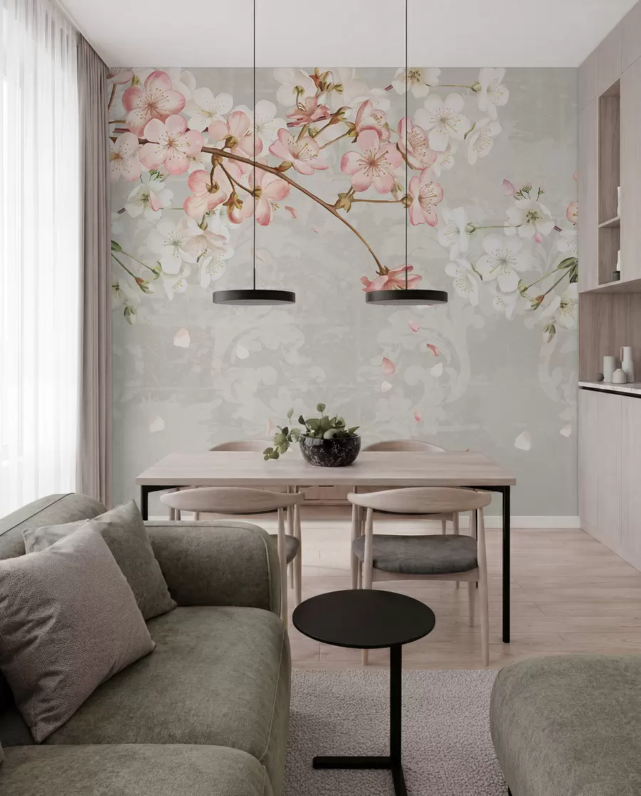 murais de parede Flores de cerejeira cor-de-rosa e brancas em plena floração, com pétalas suaves a cair sobre um fundo bege texturado w08254v1