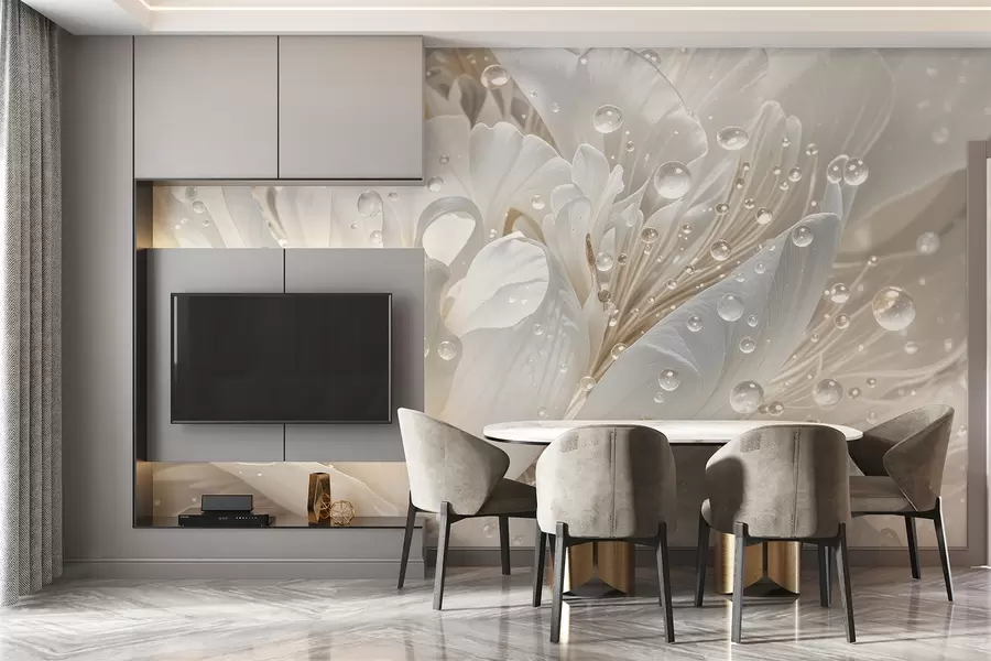 murais de parede Grande plano de uma flor de peónia branca com pétalas delicadas e gotas de água w08262