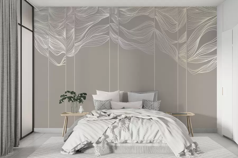 murais de parede Ondas fluidas de linhas abstractas brancas sobre um fundo castanho claro w08263