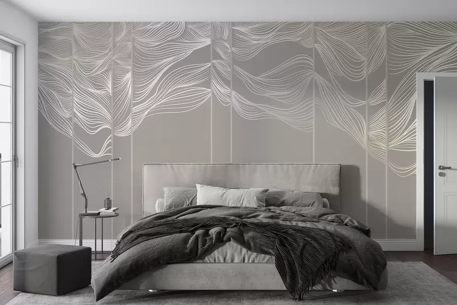 murais de parede Ondas fluidas de linhas abstractas brancas sobre um fundo castanho claro w08263