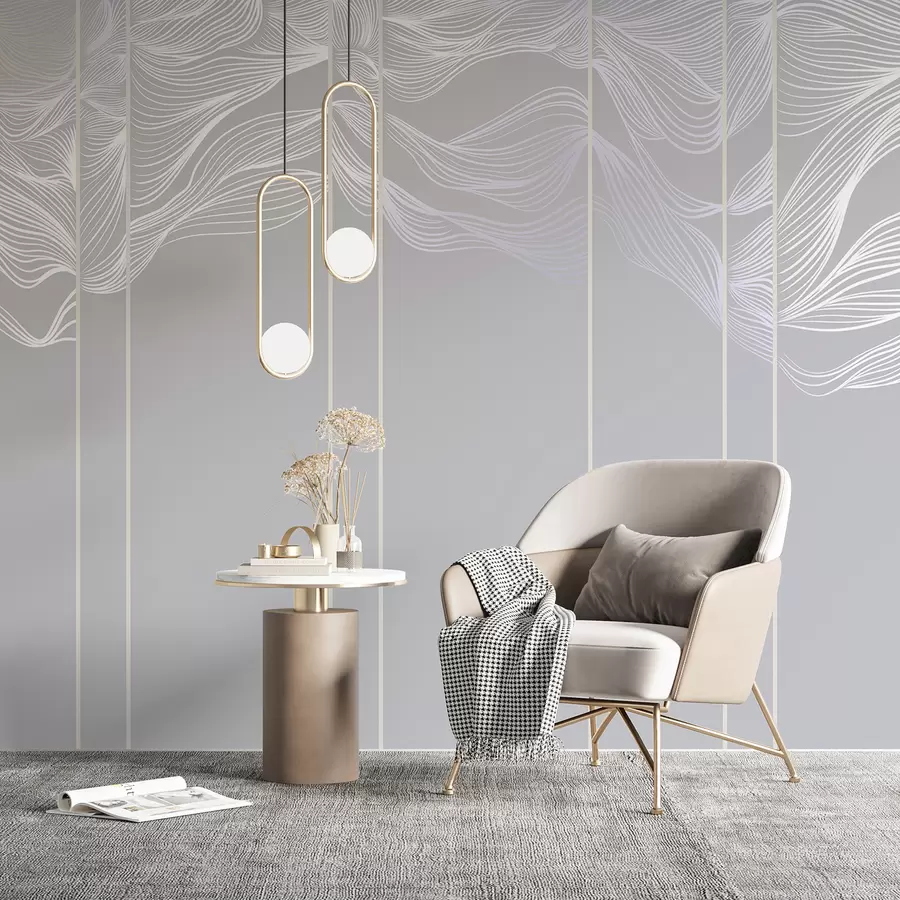 murais de parede Ondas de linhas abstractas brancas fluidas sobre um fundo cinzento claro w08263v1