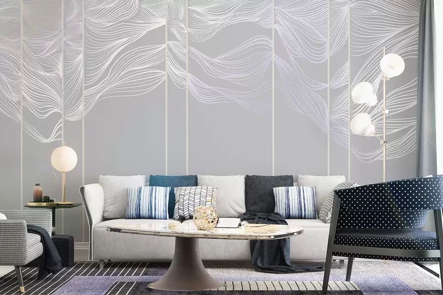 murais de parede Ondas de linhas abstractas brancas fluidas sobre um fundo cinzento claro w08263v1