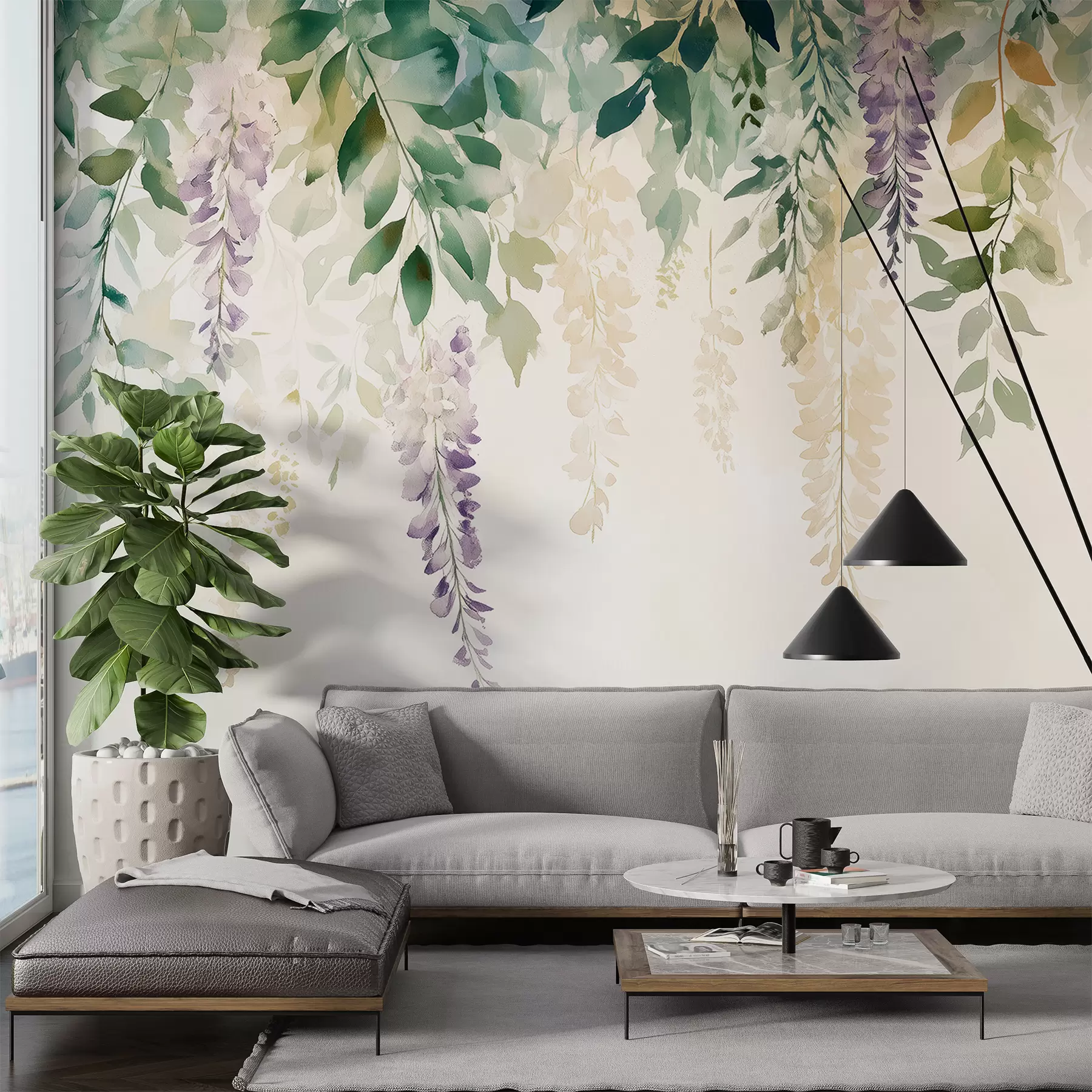 murais de parede Ornamento de flores de glicínias, floral, aguarela, cores naturais w01545