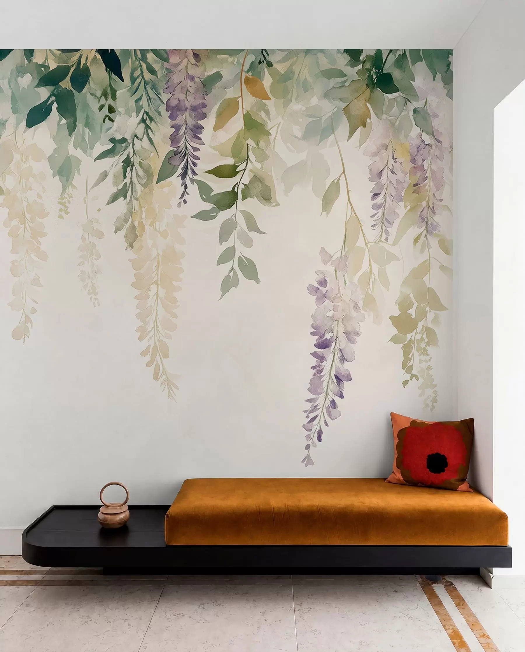 murais de parede Ornamento de flores de glicínias, floral, aguarela, cores naturais w01545