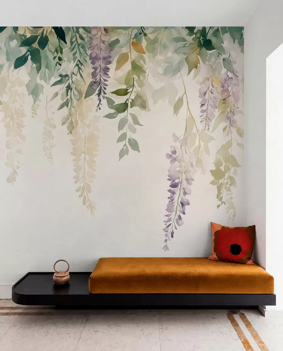 murais de parede Ornamento de flores de glicínias, floral, aguarela, cores naturais w01545
