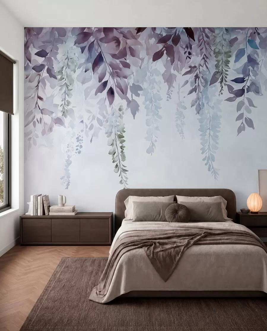 murais de parede Ornamento de flores de glicínias, floral, aguarela, cores azul e roxo w01545v1