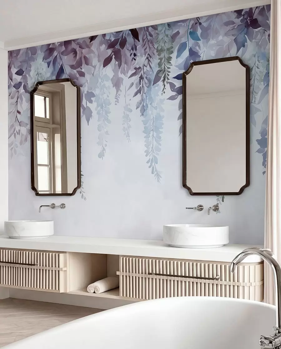 murais de parede Ornamento de flores de glicínias, floral, aguarela, cores azul e roxo w01545v1