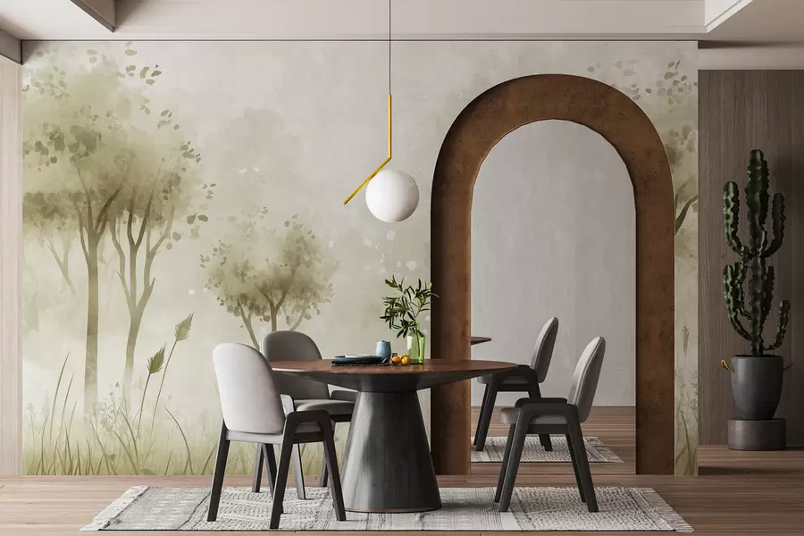 murais de parede Floresta em aguarela com relva e árvores, cor verde w01546v1