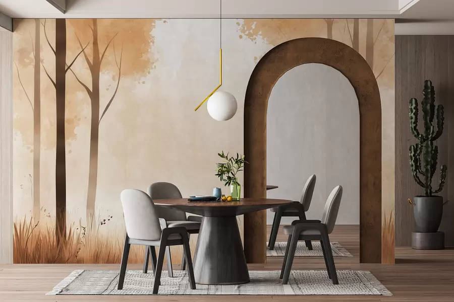 murais de parede Aguarela floresta, nevoeiro, árvores, relva, paisagem natural, cor bege w01563