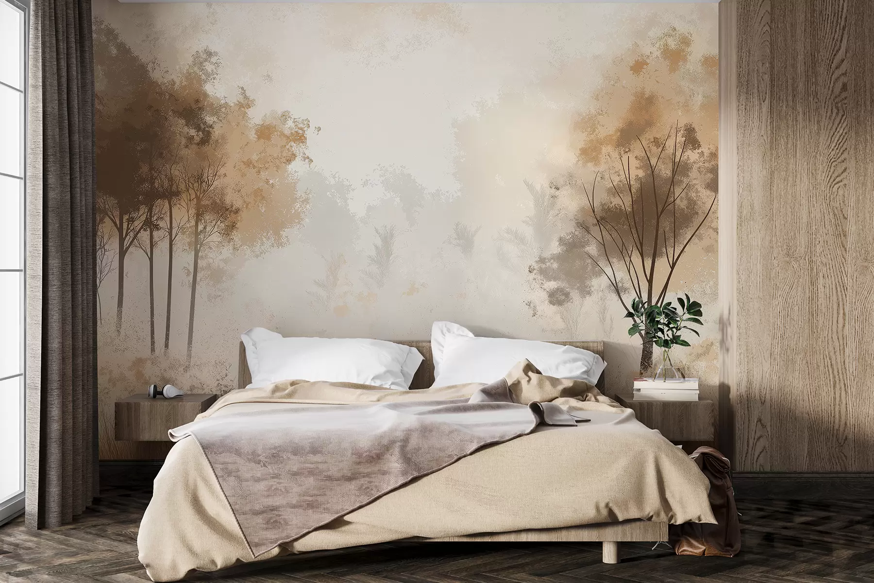 murais de parede Paisagens naturais, árvores na floresta, textura grunge, cores bege w01564