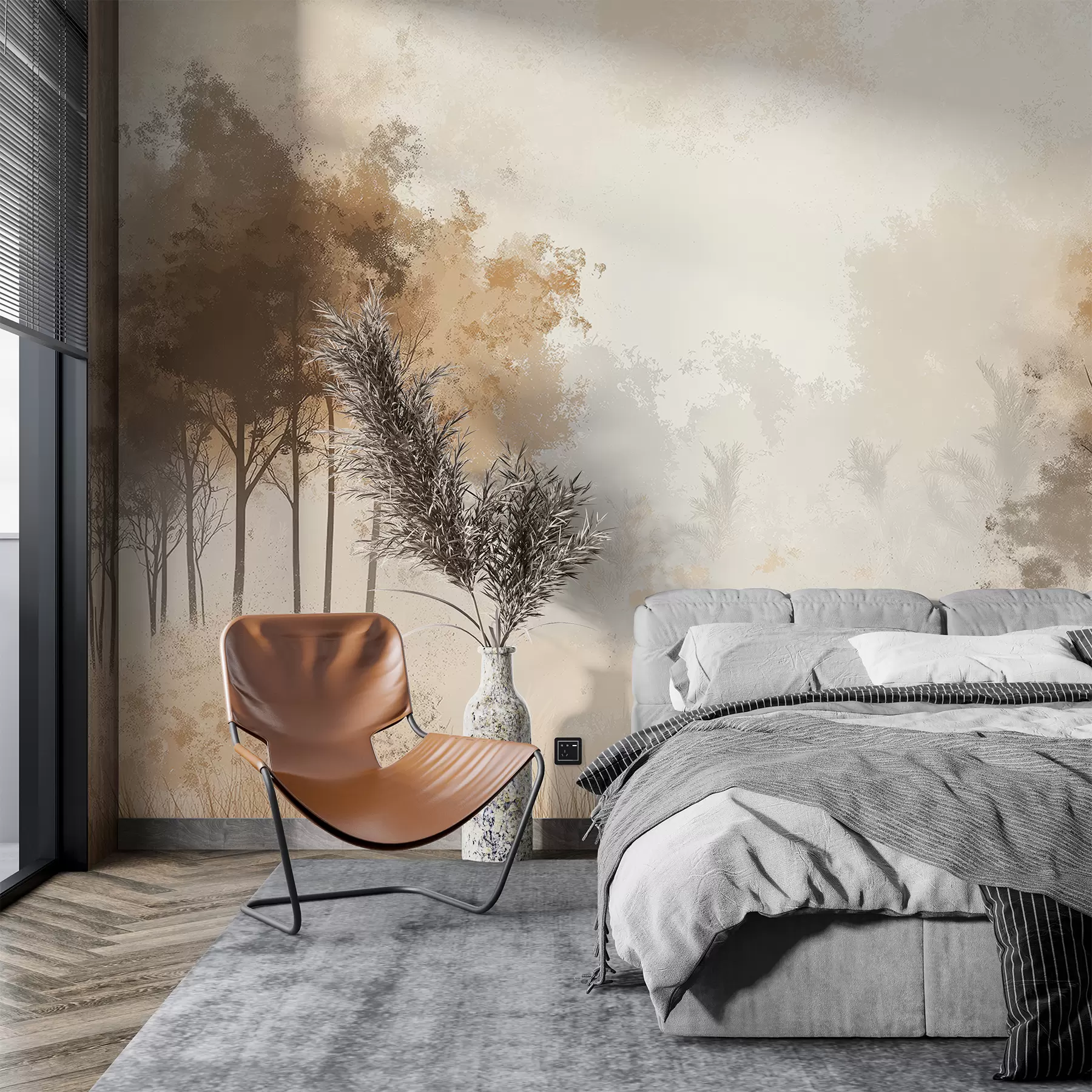 murais de parede Paisagens naturais, árvores na floresta, textura grunge, cores bege w01564