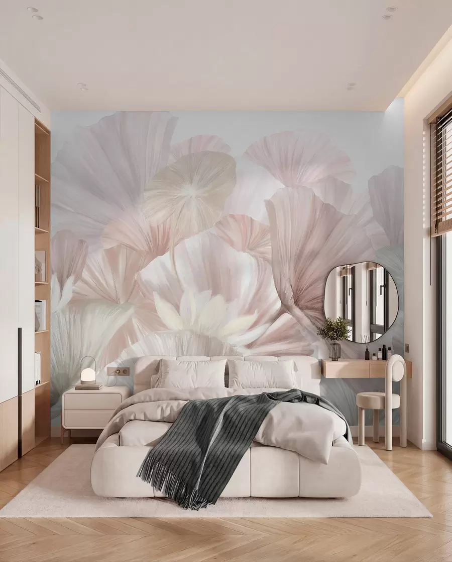 murais de parede Delicadas folhas de lótus cor-de-rosa com flores brancas com pétalas suaves e emplumadas dispostas numa composição artística natural w08265v1
