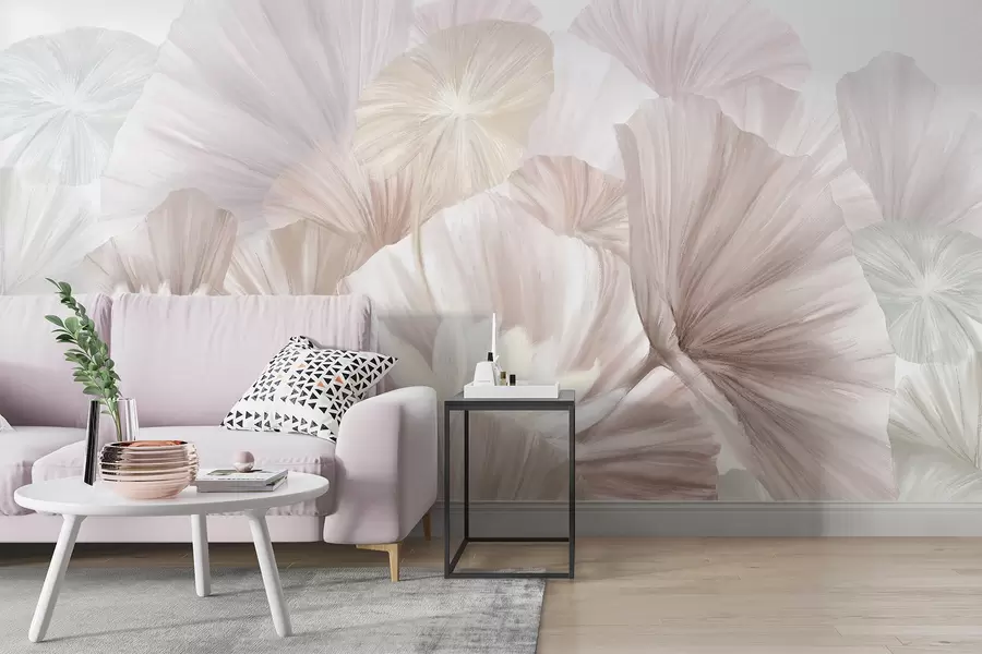murais de parede Delicadas folhas de lótus cor-de-rosa com flores brancas com pétalas suaves e emplumadas dispostas numa composição artística natural w08265v1