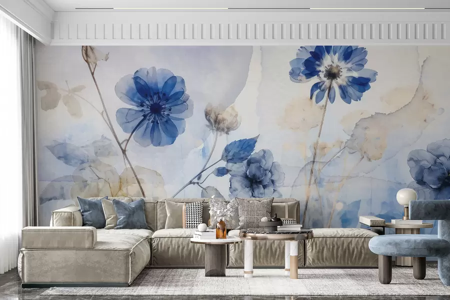 murais de parede Flores transparentes em aguarela azul e branca num campo, com fundo abstrato suave e desfocado w08270