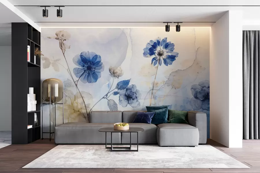 murais de parede Flores transparentes em aguarela azul e branca num campo, com fundo abstrato suave e desfocado w08270