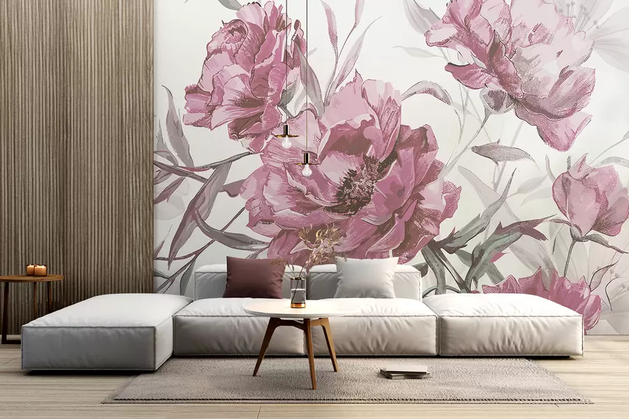 murais de parede Pintura de peónias cor-de-rosa com folhagem exuberante sobre um fundo abstrato claro  w08274