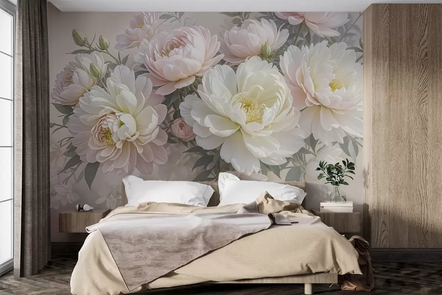 murais de parede Um bouquet de exuberantes peónias de cor pastel e outras flores num fundo suave e desfocado  w08276
