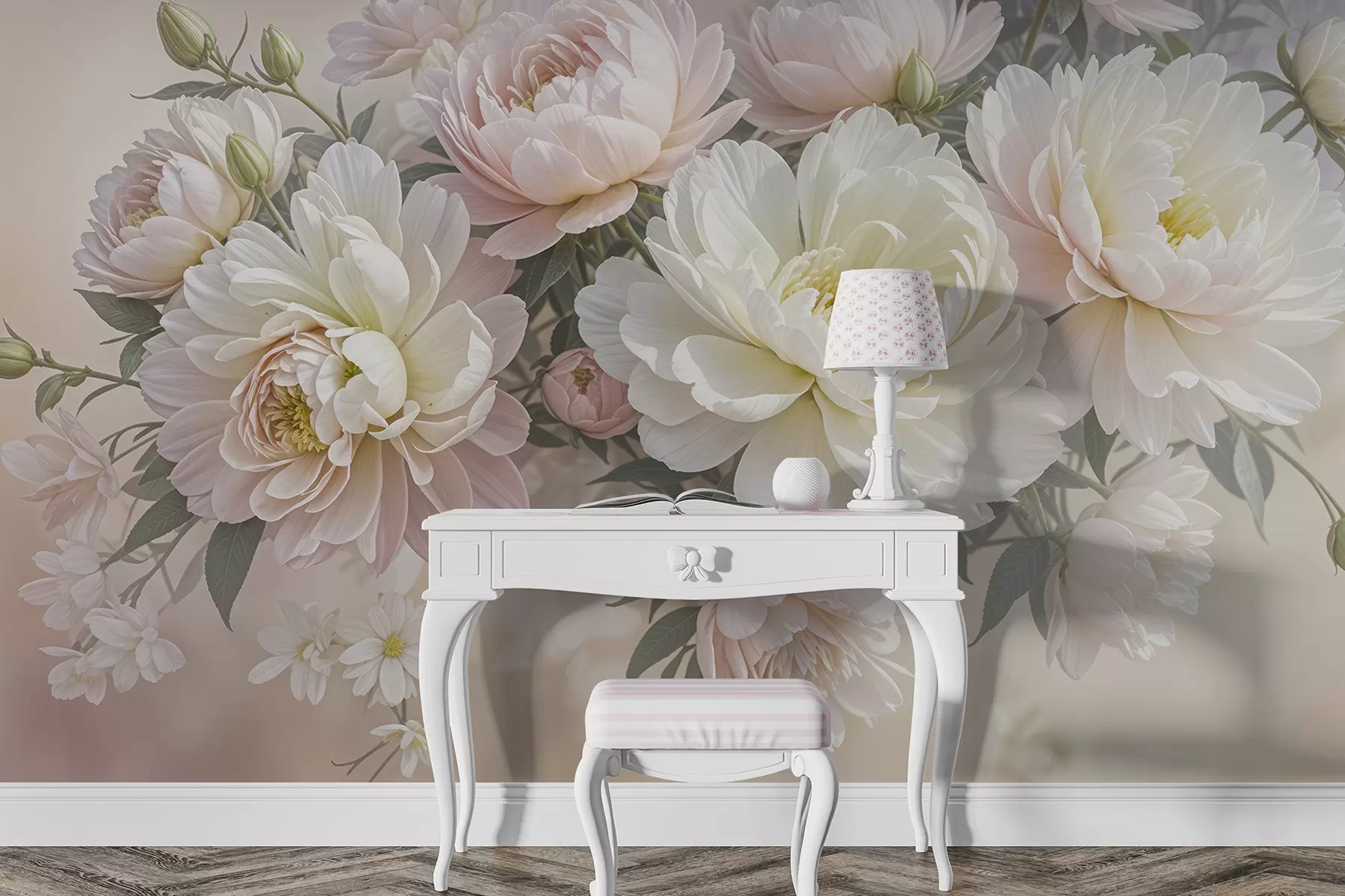 murais de parede Um bouquet de exuberantes peónias de cor pastel e outras flores num fundo suave e desfocado  w08276