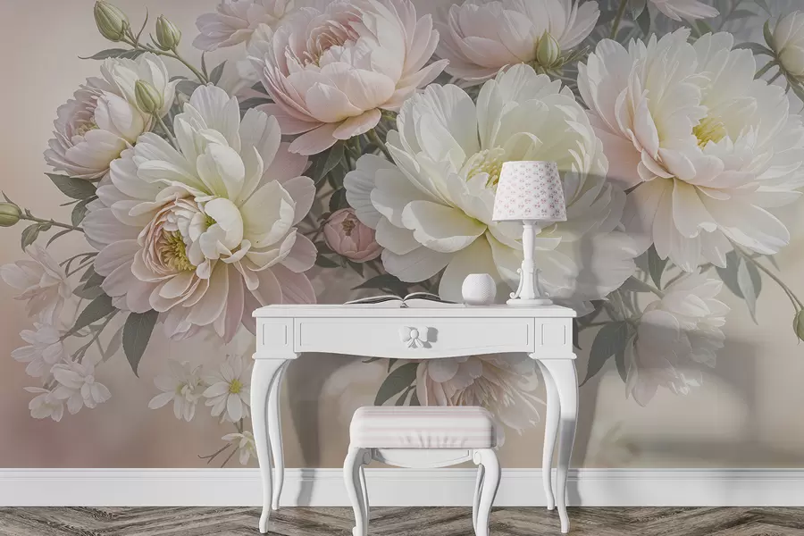 murais de parede Um bouquet de exuberantes peónias de cor pastel e outras flores num fundo suave e desfocado  w08276