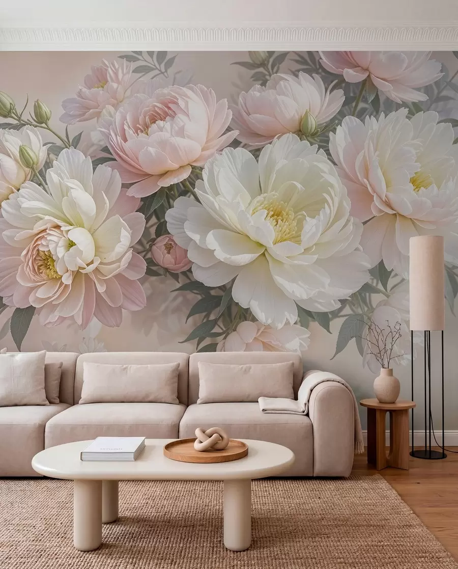 murais de parede Um bouquet de exuberantes peónias de cor pastel e outras flores num fundo suave e desfocado  w08276