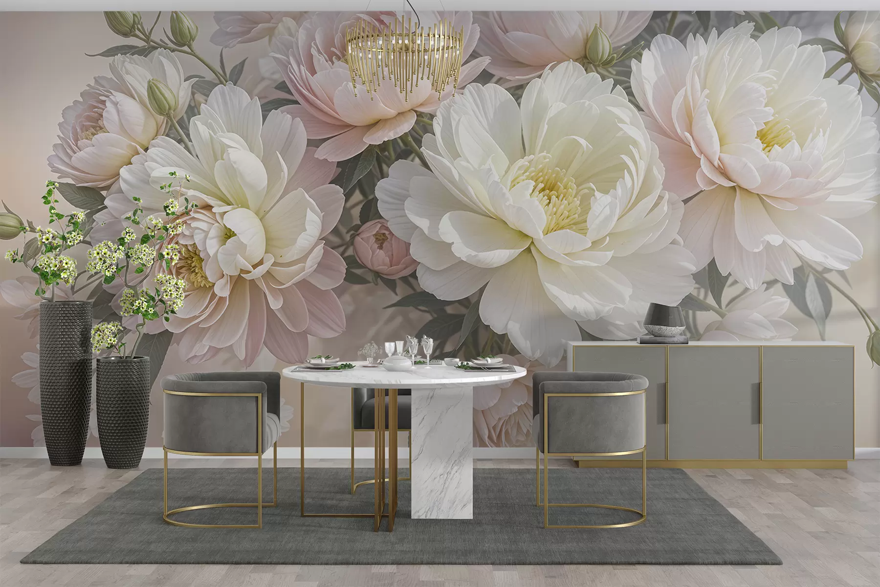 murais de parede Um bouquet de exuberantes peónias de cor pastel e outras flores num fundo suave e desfocado  w08276