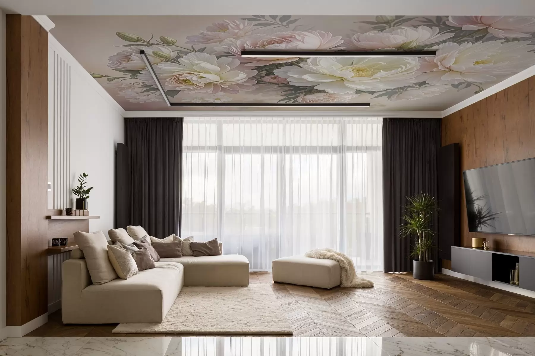 murais de parede Um bouquet de exuberantes peónias de cor pastel e outras flores num fundo suave e desfocado  w08276