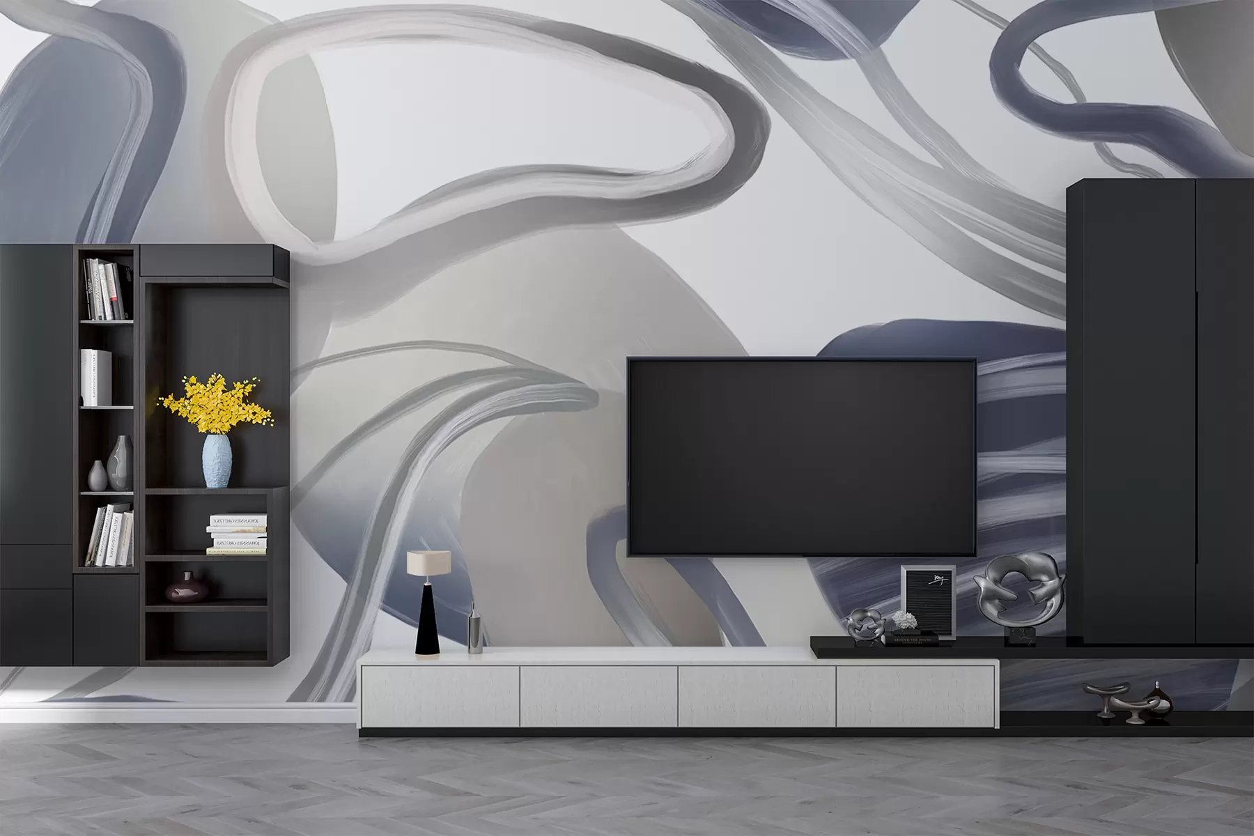 murais de parede Formas e curvas abstractas em redemoinho em tons de azul escuro, criando uma composição dinâmica e fluida w08279v1