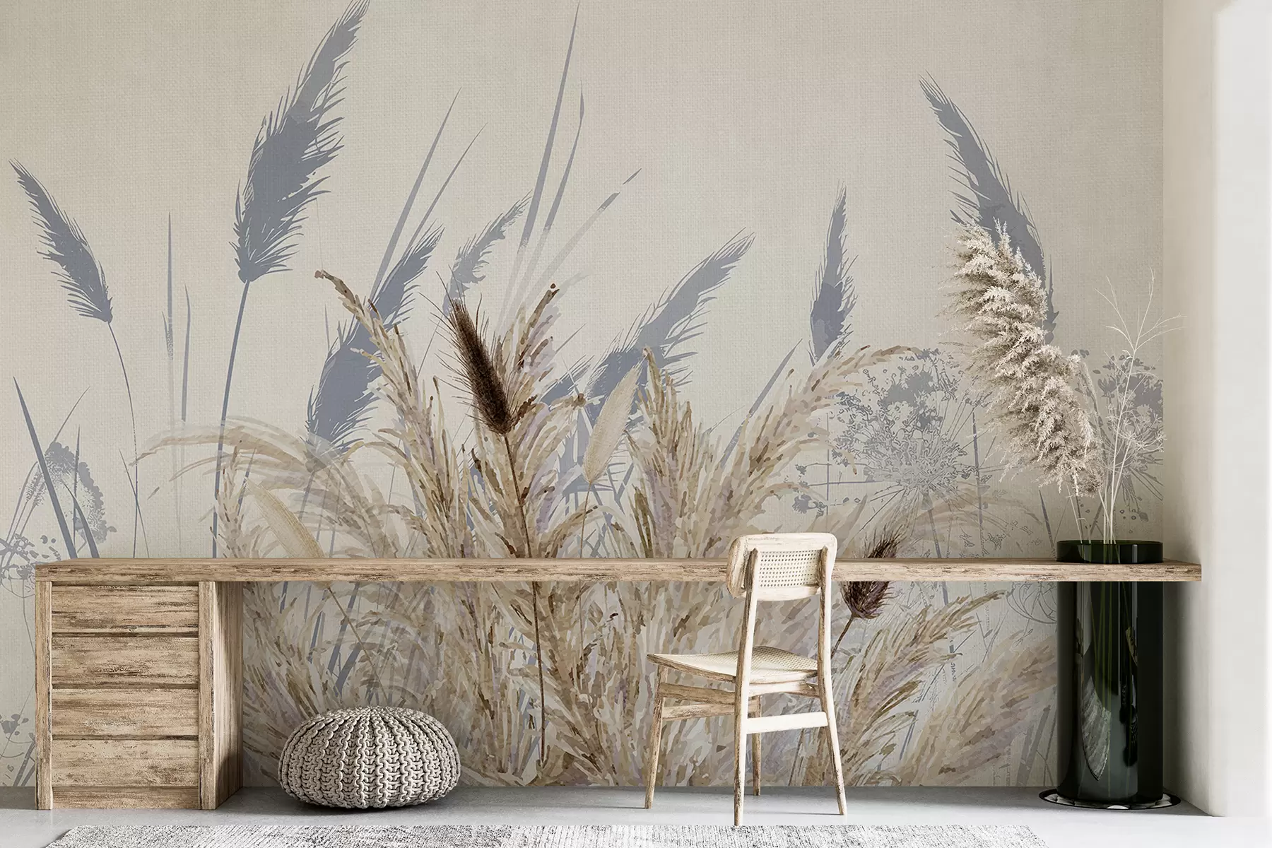 murais de parede Talos altos de trigo e erva com plumas brancas e fofas sobre um fundo claro w08282