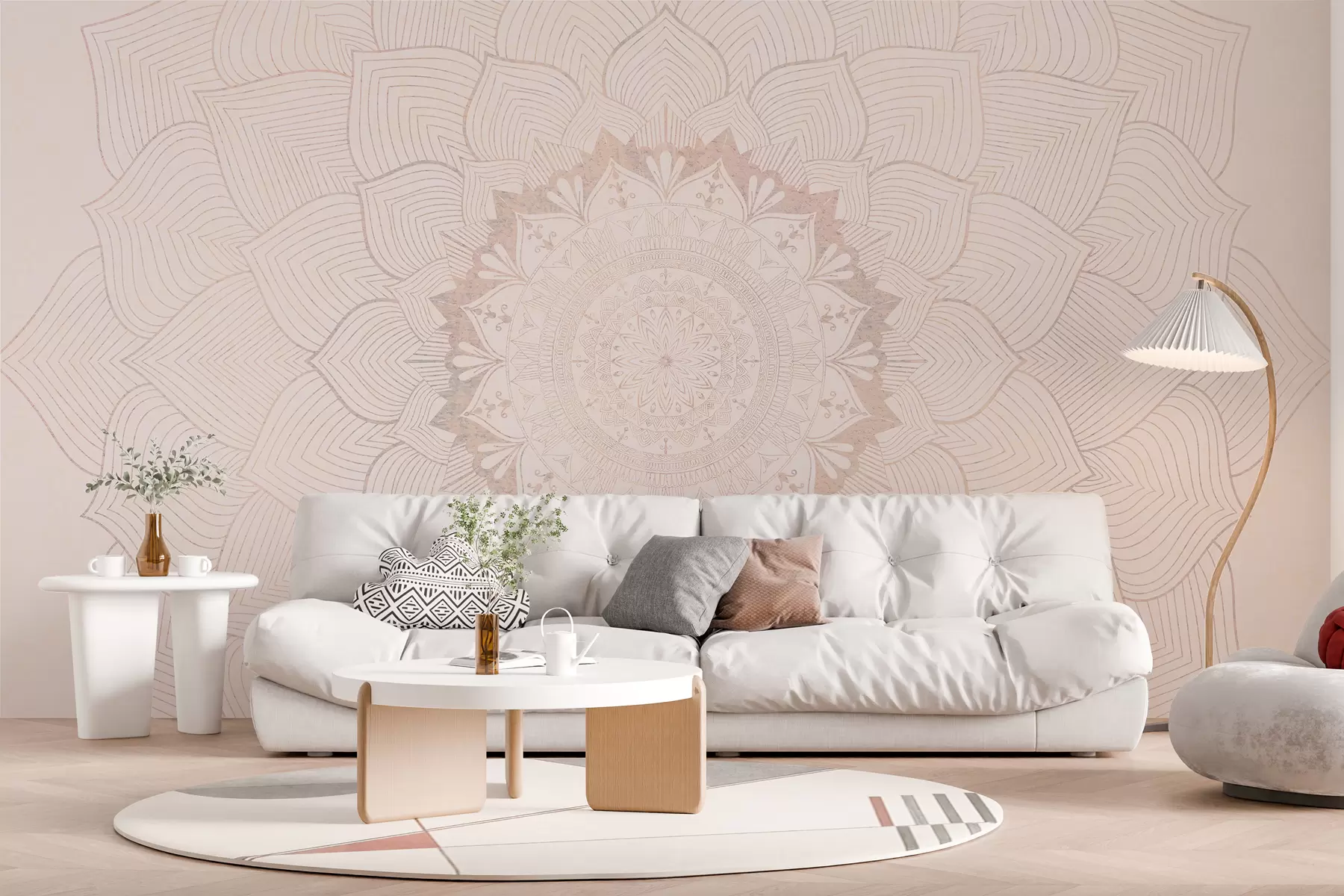 murais de parede Mandala redonda, papel de parede para espaço de yoga ou para harmonizar o espaço pessoal. Mandala de parede em cores pastel quentes sobre um fundo irregular texturado w01088