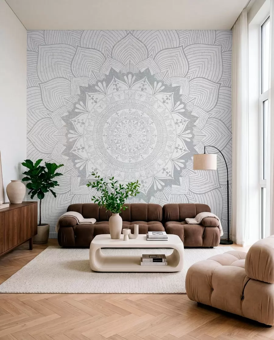 murais de parede Mandala redonda, papel de parede para espaço de yoga ou para harmonizar o espaço pessoal. Mandala de parede em tons de cinzento sobre um fundo heterogéneo texturado w01088v2