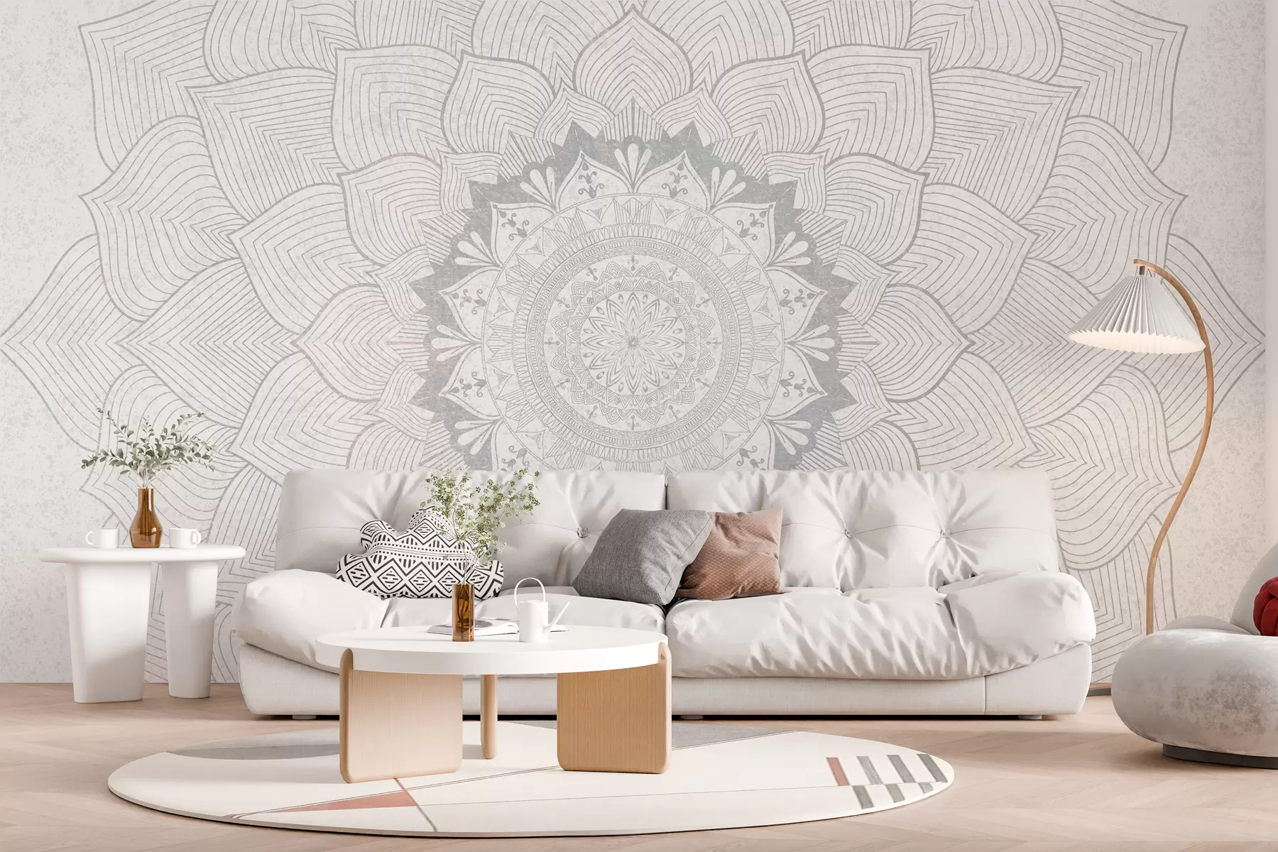 murais de parede Mandala redonda, papel de parede para espaço de yoga ou para harmonizar o espaço pessoal. Mandala de parede em tons de cinzento sobre um fundo heterogéneo texturado w01088v2