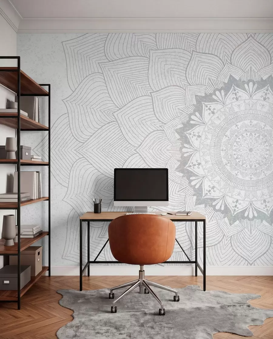 murais de parede Mandala redonda, papel de parede para espaço de yoga ou para harmonizar o espaço pessoal. Mandala de parede em tons de cinzento sobre um fundo heterogéneo texturado w01088v2