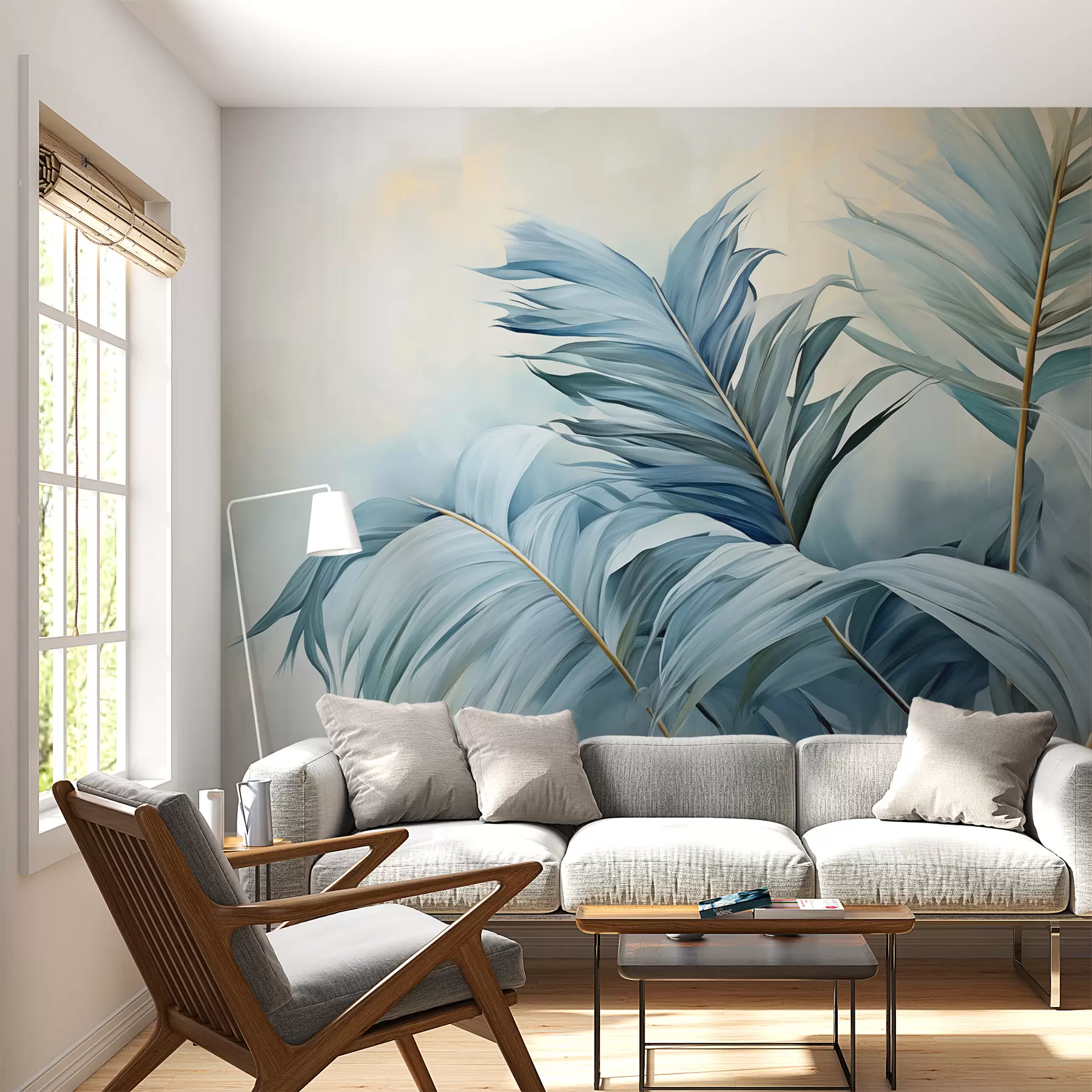 murais de parede Folhas de palmeira azuis contra o nevoeiro w01618