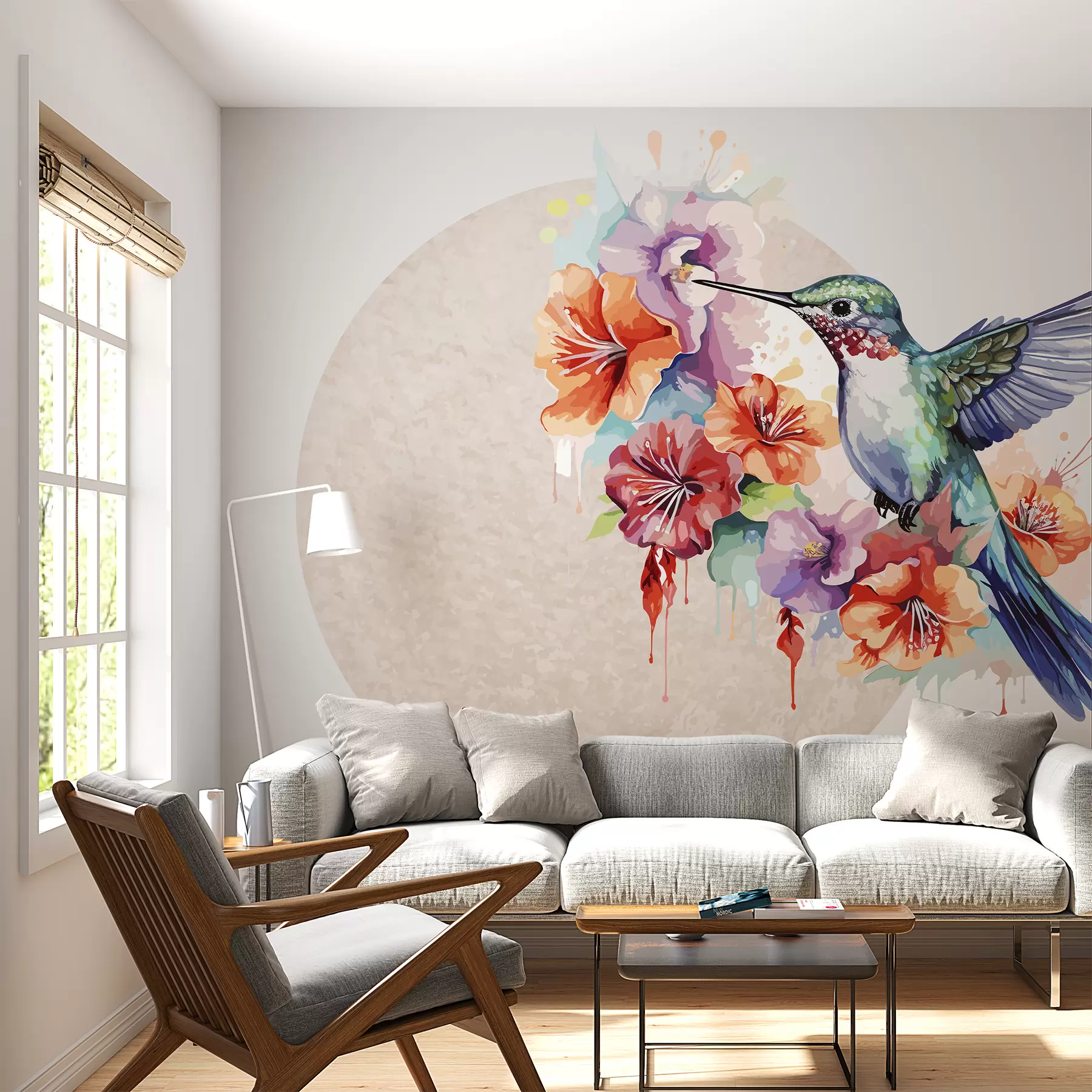 murais de parede Beija-flor,flores,círculo,bege w01528