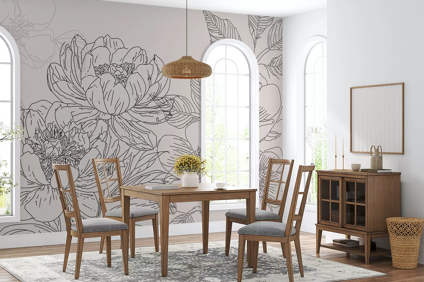 murais de parede Flores lineares de cor preta w01530v1