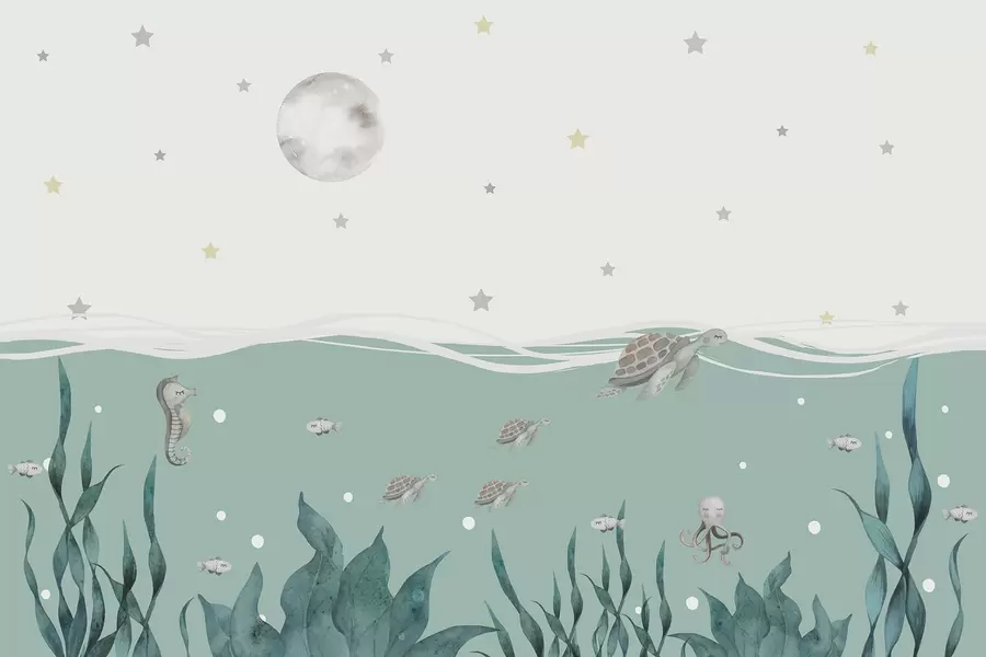 murais de parede Motivo marinho com tartarugas, cavalos-marinhos, peixes e lua cheia w01521