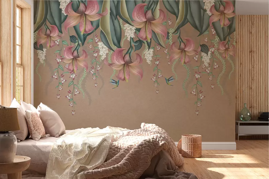 murais de parede Motivo botânico delicado com lírios suspensos, flores e beija-flores numa parede grunge w01523