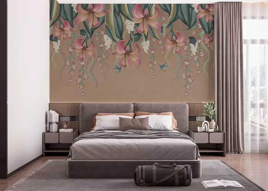 murais de parede Motivo botânico delicado com lírios suspensos, flores e beija-flores numa parede grunge w01523