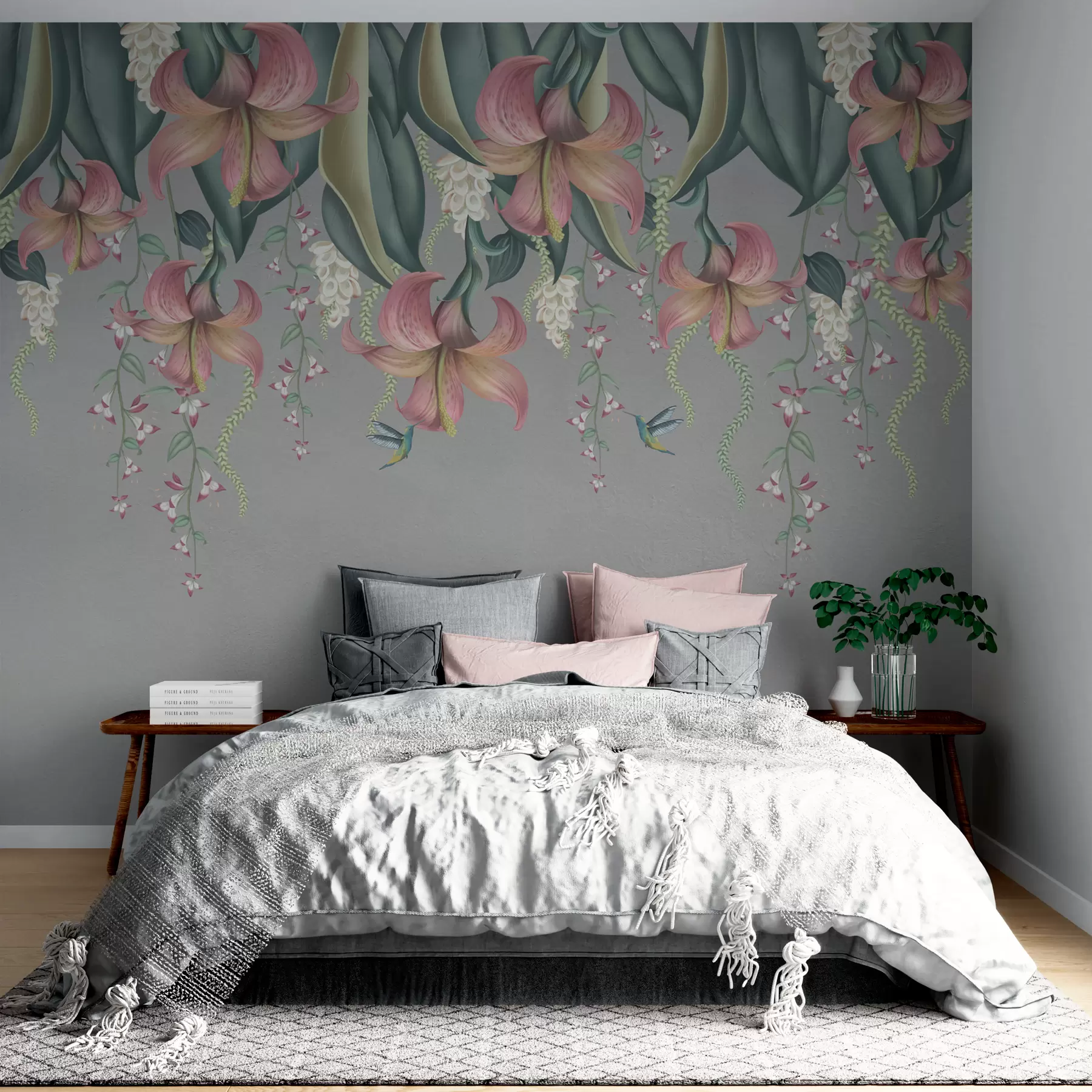 murais de parede Motivo botânico delicado com lírios suspensos, flores e beija-flores numa parede cinzenta grunge w01523v2