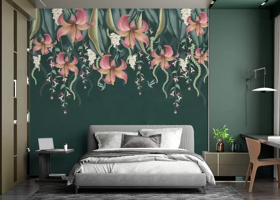 murais de parede Motivo botânico delicado com lírios suspensos, flores e beija-flores numa parede grunge verde w01523v3