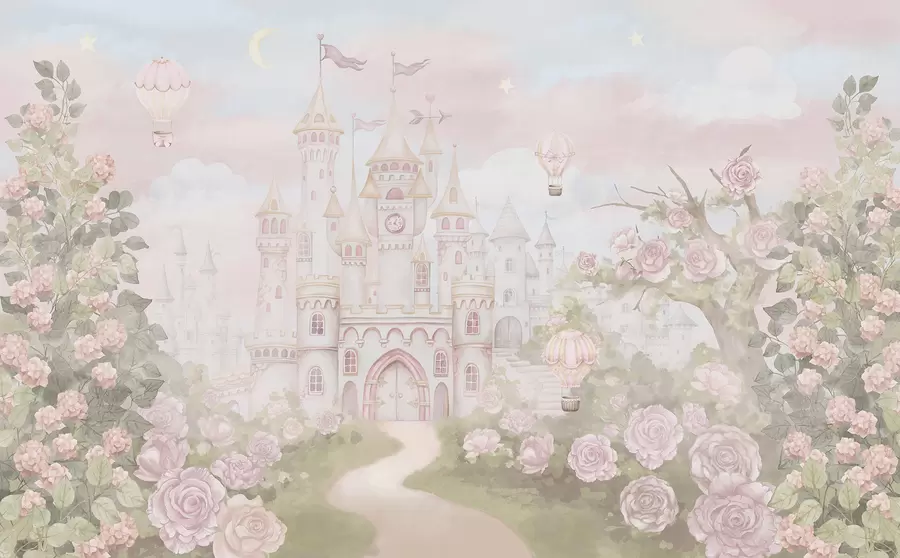 murais de parede Castelo mágico com grandes flores e árvores w01524