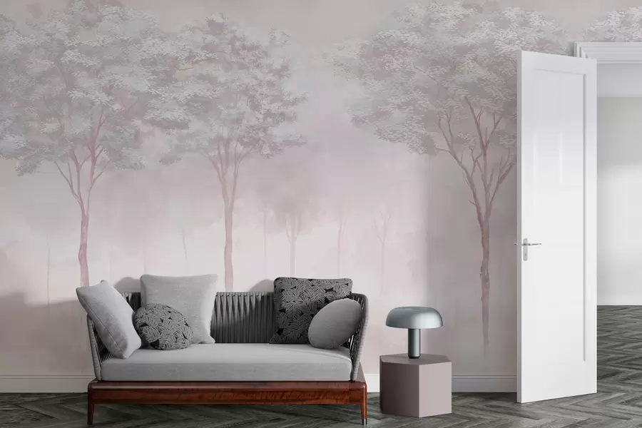 murais de parede Silhueta de floresta enevoada em cor-de-rosa suave w01599v1