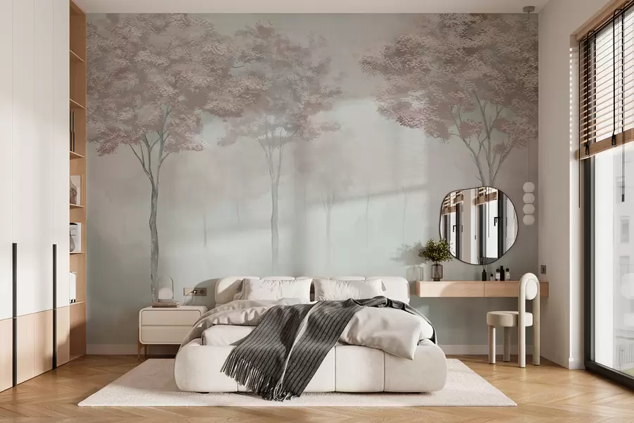 murais de parede Silhueta de floresta enevoada em tons de rosa e cinzento w01599v4