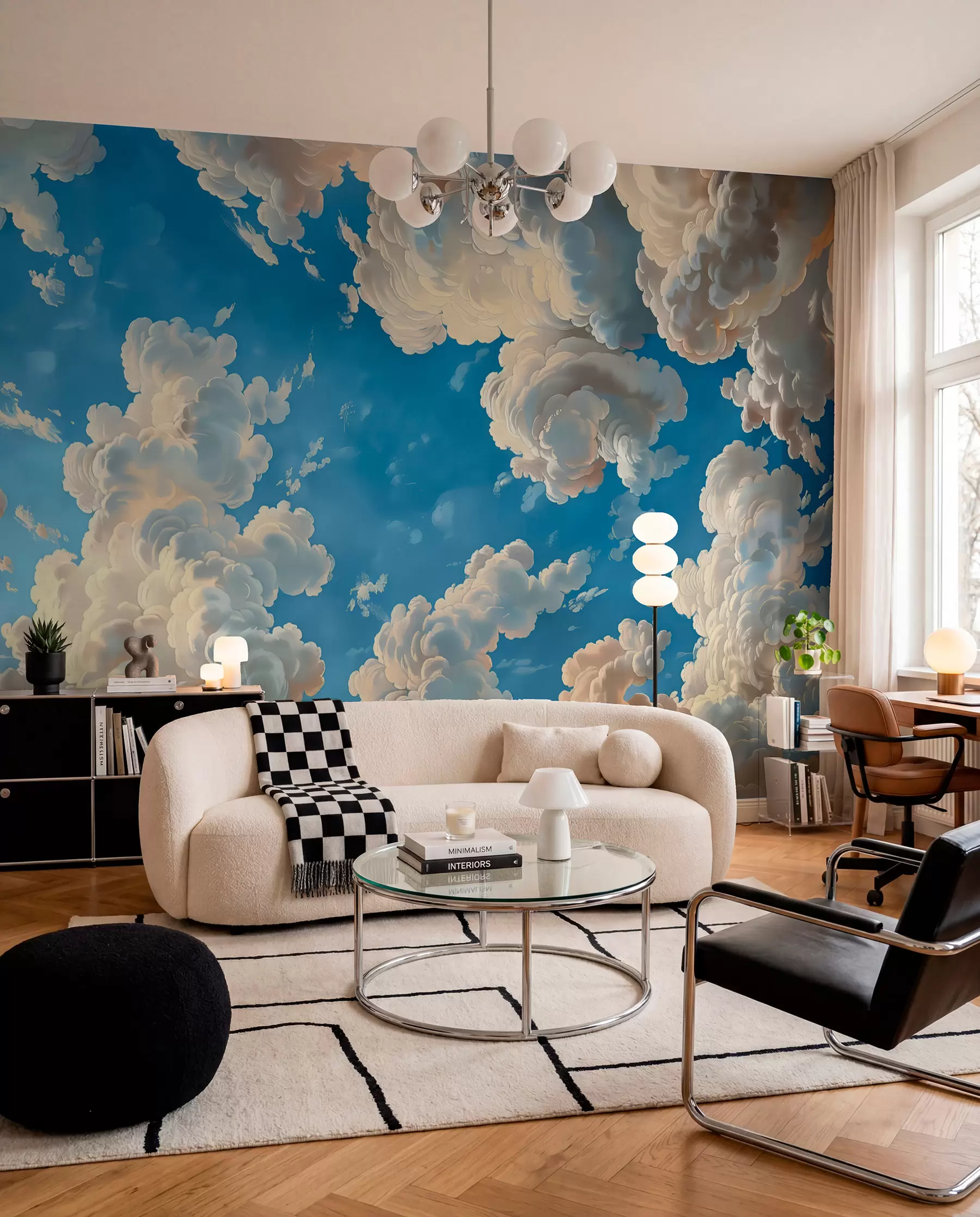 murais de parede Nuvens ondulantes em tons quentes de creme, pêssego suave e pálido, num céu azul profundo e vibrante w01583