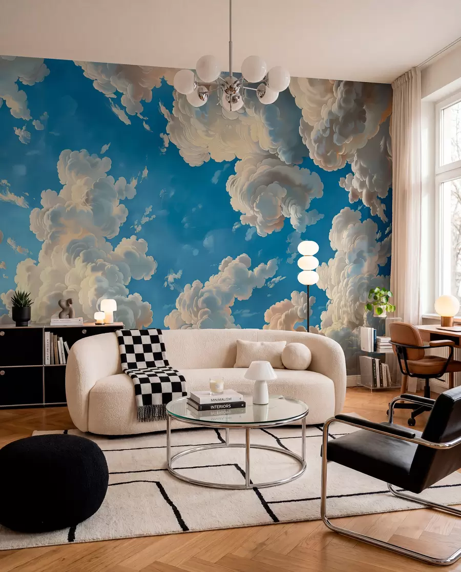 murais de parede Nuvens ondulantes em tons quentes de creme, pêssego suave e pálido, num céu azul profundo e vibrante w01583
