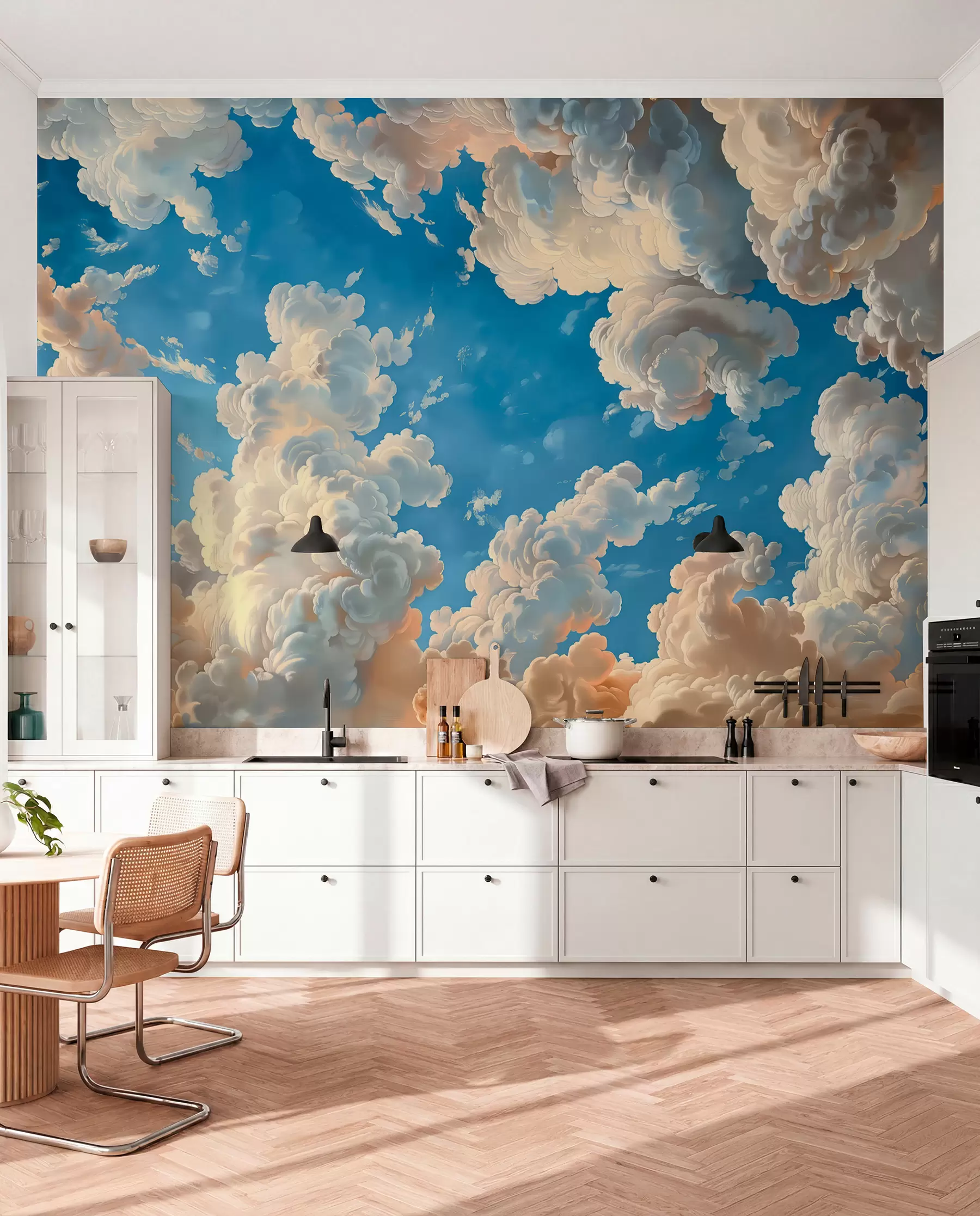murais de parede Nuvens ondulantes em tons quentes de creme, pêssego suave e pálido, num céu azul profundo e vibrante w01583