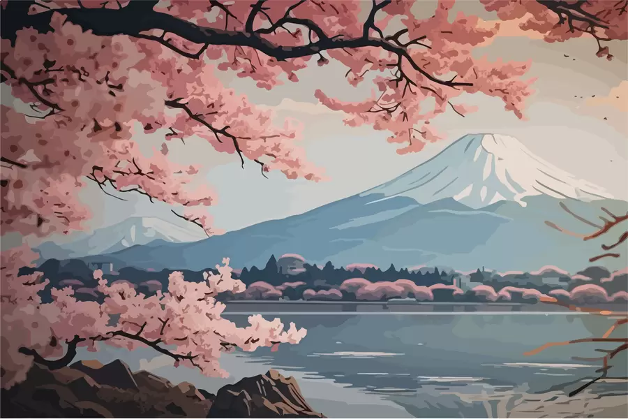 murais de parede Sakura, montanhas, aguarela w01664